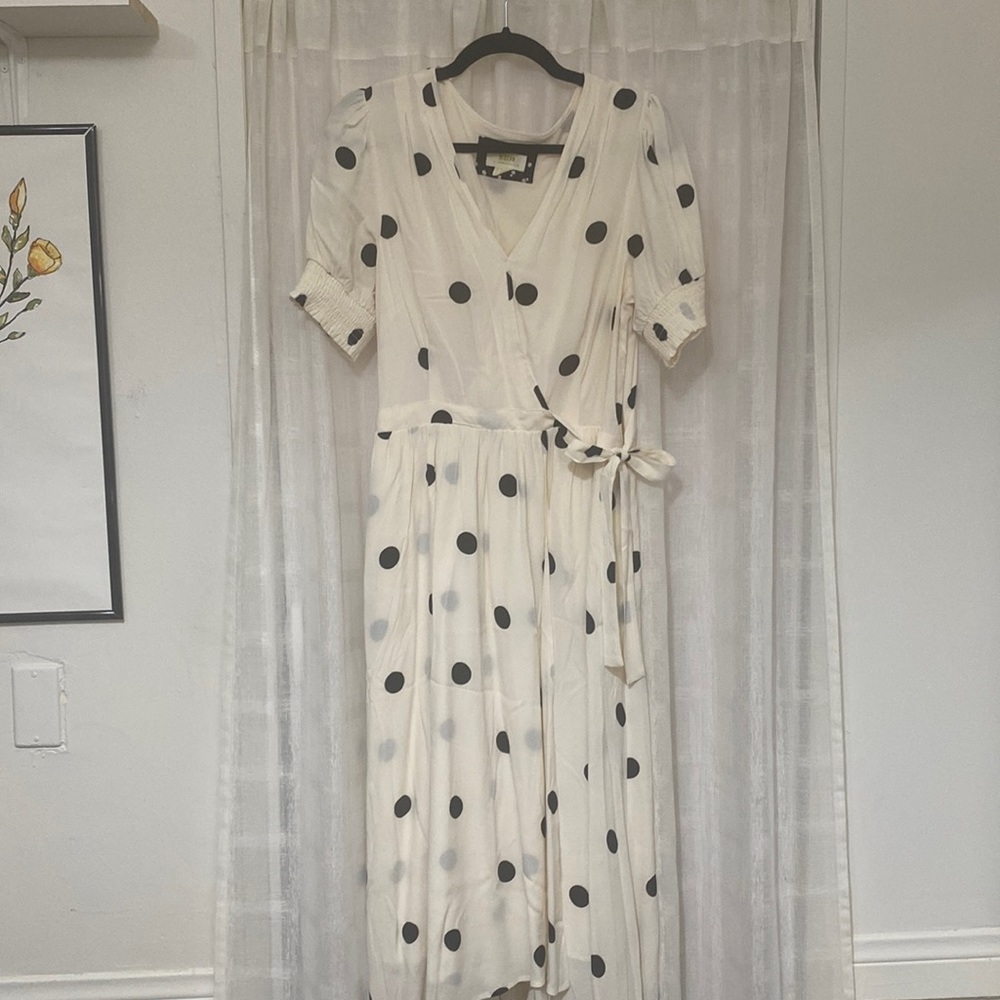 Anthropologie Polka dot faux wrap midi dress with pockets!